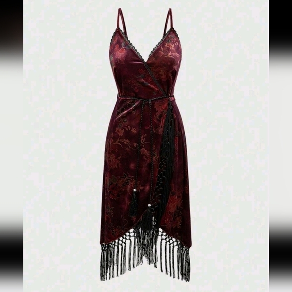 Dresses & Skirts - Vintage Floral Print Lace Patchwork Women Tassel Decor Sleeveless Slip Midi Dres
